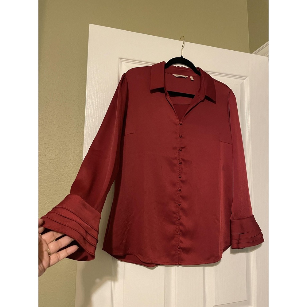 Soft Surroundings Blouse Womens Medium Red Button Front Tiered Bell Sleeve Top